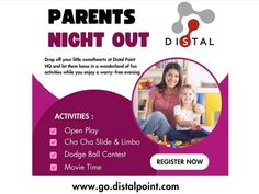 a flyer for parents night out with an image of a woman and child sitting on the floor