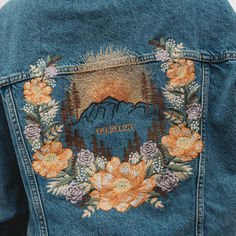 Personalised embroidered denim jacket, custom denim jacket, mountain floral embroidered jacket, personalised denim jacket, floral embroidered jacket, custom jacket with embroidery, embroidered denim outerwear, unique embroidered jacket, mountain jacket design, custom floral denim jacket, embroidered outerwear, denim floral jacket Mountain Design, Denim Wear, Homewares Shop