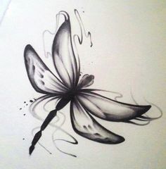 a black and white drawing of a butterfly on a piece of paper with water droplets