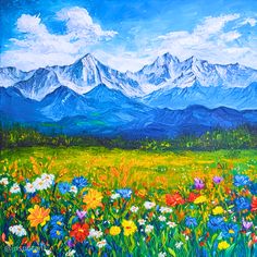 a painting of mountains and flowers in the foreground with blue sky, white clouds and green grass