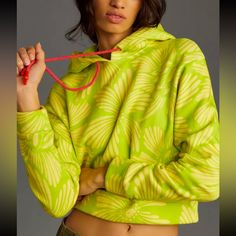 Anthropology, Farm, Rio X Printed Cropped Hooded Sweatshirt. Lime. No Offers. Yellow Long Sleeve Hoodie For Spring, Spring Yellow Long Sleeve Hoodie, Green Drawstring Hood Sweatshirt For Loungewear, Green Hooded Top For Spring, Spring Athleisure Hoodie Sweatshirt, Green Long Sleeve Top With Drawstring Hood, Spring Athleisure Hoodie With Drawstring Hood, Green Long Sleeve Hoodie With Adjustable Hood, Green Winter Hoodie Top