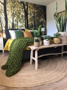 a bedroom with a large green blanket on the bed and potted plants next to it