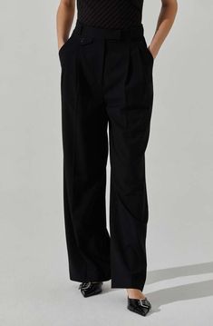 - high waisted trouser pants  - decorative back pockets functional side pockets  - crossover button closure tab and concealed front zipper  - dry clean only  - self: 65% polyester 27% rayon 4% wool 4% elastane  - lining: 100% polyester  - style #acp7347    size + fit    model info    - model is wearing size s  - model height is 5'9"    product info for size small    - length: 44 1/4"  - waist: 30 1/2"  - hips: 33 1/2"  - inseam: 31 1/2"    color-pattern  ["gid://shopify/metaobject/53506146542"]    fabric  ["gid://shopify/metaobject/62484447470""gid://shopify/metaobject/62484349166""gid://shopify/metaobject/62484381934"]    age-group  ["gid://shopify/metaobject/50442404078"]    fit  ["gid://shopify/metaobject/62484480238"]    pants-length-type  ["gid://shopify/metaobject/62484414702"]    ta High Waisted Trouser Pants, Black Herringbone, Denim Hat, Astr The Label, Engineered Garments, Red Mini Dress, Pants Length, Summer Accessories, High Waisted Trousers