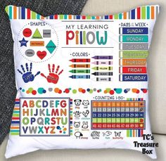 a pillow that has some stickers on it