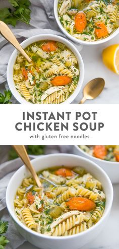 instant pot chicken soup with gluen free noodles and carrots in a white bowl