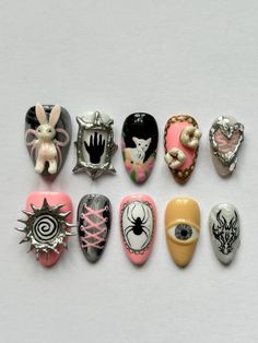 Spooky scary nails made woth 3d gel - coquette freaky nail inspo #nails #scary #scarycore #scarycoquette #nailart #pressonnails #nailsofinstagram Creepy Acrylic Nails, Creepy Cute Nails, Cemetery Nails, Corpse Nails, Creepy Christmas Nails, Gory Nails, Horror Nail Art, Creepy Nail Art, Gore Nails