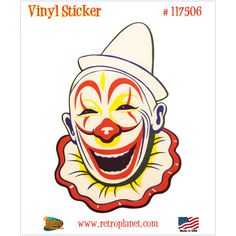 an image of a clown mask with the words vinyl sticker on it's face