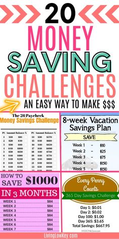 a poster with the words 20 money saving challenges and an easy way to make $ 3 00