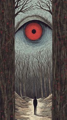 a man standing in the middle of a forest looking at an eye