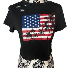 New 4th Of July Crop Top Distressed American Flag Crop Top Palms Trees Crop Top Pet Smoking Free Home Patriotic Crop Top Usa Crop Top Black Flag Print Top For Summer, Black Tops With Flag Print For Summer, Casual American Flag Print Top For Vacation, Summer Vacation Tops With American Flag Print, Black Tops With American Flag Print For Summer, Black Summer Top With American Flag Print, American Flag Print Tops For Summer Vacation, 4th Of July Beach Tops With Short Sleeves, 4th Of July Beach Tops Short Sleeve