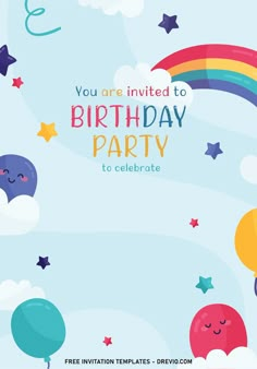 a birthday party with balloons, stars and rainbows in the sky on a blue background