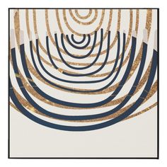 an abstract painting with gold and blue lines in the shape of circles on a white background