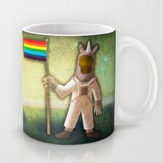 a coffee mug with an image of a man holding a rainbow flag in his hand