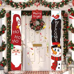 christmas door decorations with santa claus and snowmen