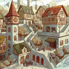 an animated city with lots of buildings and people walking around the town square, surrounded by mountains