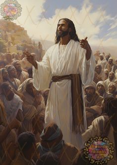 a painting of jesus standing in front of a group of people with his hands up