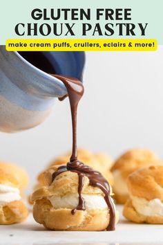 gluten free choux pastry baked into cream puff shells on a baking sheet with text that says: "gluten free choux pastry: make cream puffs, cullers, eclairs & more" Gluten Free Choux Pastry, Gf Flour, Cheese Puffs, Butter Milk, French Pastry, Choux Pastry, Homemade Gluten Free