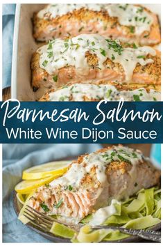 parmesan salmon with white wine dijon sauce in a casserole dish