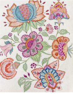 a drawing of flowers and leaves on a white paper with blue, pink, green, orange and red colors