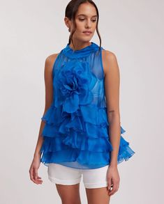 Blue Sleeveless Silk Organza Blouse: Women's Luxury Blouses | Anne Fontaine Organza Tunic, Organza Blouse, Blouse Style, Women's Blouses, Silk Organza, Blue Blouse, Sleeveless Blouse, Focal Point, Designer Shoes