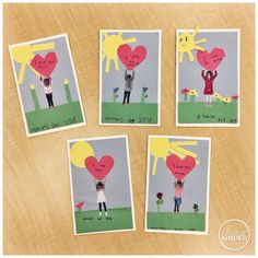 four children's handmade valentine cards with pictures of people holding heart shaped balloons