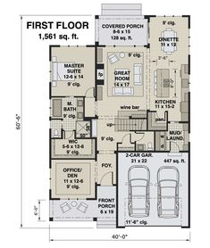 the first floor plan for a house with two car garages and an attached living area