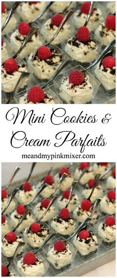 mini cookies and cream parfaits with raspberries on top