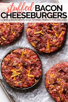 baked stuffed bacon cheeseburgers on a baking sheet with text overlay that reads stuffed bacon cheeseburgers 15 simple ingredients easy to make perfect for grilling