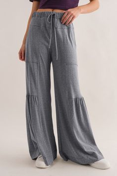 Solid Tiered Flare Pants - Greige Goods Rayon Ankle-length Loungewear Bottoms, Rayon Ankle-length Lounge Pants, Full-length Harem Pants With Elastic Waistband For Loungewear, Gray 4-way Stretch Elastane Yoga Pants, Red Wide Leg Pants, Euro Chic, Sequin Pants, Black Cargo Pants, Fringe Sweater