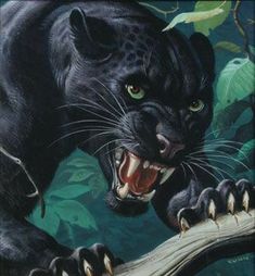 a painting of a black panther on a branch with its mouth open and fangs out