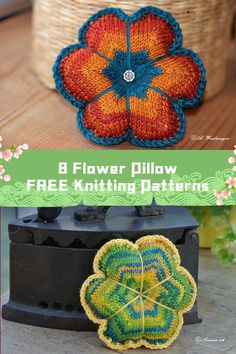 four flower pillow free knitting patterns with text overlay that reads 8 flower pillow free knitting patterns