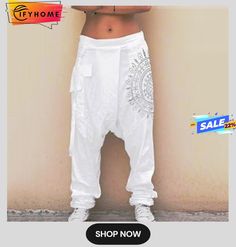 Men's Harem Trousers Summer Pants Tapered Carrot Pants Baggy Elastic Waist Multiple Pockets Print Graphic Prints Comfort Soft Casual Daily Boho Stylish Black White White Baggy Harem Bottoms, White Baggy Harem Pants, White Baggy Bohemian Harem Pants, White Bohemian Baggy Harem Pants, White Baggy Bohemian Bottoms, Casual White Harem Pants, White Harem Bottoms For Festival, Baggy Festival Bottoms With Pockets, Carrot Pants