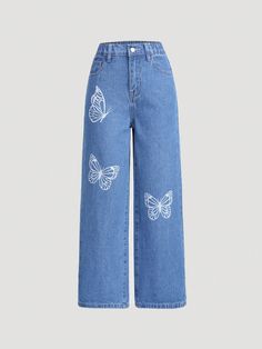 Tween Girls Street Style Butterfly Print Casual Loose Straight Leg Jeans Medium Wash    Denim Butterfly Wide Leg Non-Stretch  Tween Girls Clothing, size features are:Bust: ,Length: ,Sleeve Length: Butterfly Jeans Outfit, Pants With Designs, Cute Baggy Jeans, Butterfly Outfit, Denim Butterfly, Butterfly Jeans, Preppy Pants, Butterfly Pants, Printed Denim Pants