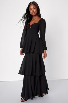 Prepare for so many magical memories when you're wearing the Lulus Tier to Enchant Black Long Sleeve Tiered Maxi Dress! This sweet chiffon dress features a notched sweetheart neckline (with trendy U-bar support) and a slightly gathered bodice, all framed by long balloon sleeves with elasticized shoulders and cuffs. Set-in waist sits atop a cascading maxi skirt with flouncy tiers. Hidden back zipper/clasp. Fit: This garment fits true to size. Length: Floor length. Size medium measures 52" from sh Wedding Guest Dress Long Sleeve, Chiffon Long Sleeve Maxi Dress, Black Wedding Guest Dresses, Black Tie Wedding Guest Dress, Pretty Black Dresses, Fall Wedding Outfits, Long Sleeve Bridesmaid Dress, Black Tie Wedding Guests, Gathered Bodice