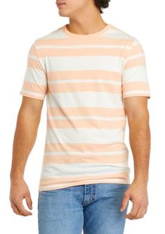 Decked out in stripes, this soft cotton t-shirt from TRUE CRAFT is perfect for everyday wear. | TRUE CRAFT Men's Short Sleeve Crew Neck Striped T-Shirt, Peach, Large Cheap Striped Relaxed Fit T-shirt, Striped Stretch Short Sleeve T-shirt, Striped Stretch Cotton T-shirt, Affordable Cotton T-shirt With Contrast Stripes, Affordable Men's Three Stripes T-shirt, Striped T Shirt, Shirt Pattern, Stripes Pattern, Men Short Sleeve