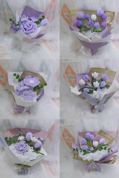 four different pictures of flowers in purple and white paper wrapped around the same flower bouquet