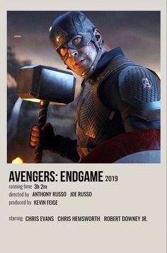 the avengers endgame poster is shown with an image of captain america holding a hammer