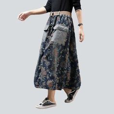 Introducing the 2023 Spring-Summer Collection's cargo jeans skirt with flowers a fresh take on urban flair that is sure to make you stand out! This tall-waisted. long. and painted piece is the perfect blend of contemporary trendy and nostalgic grunge. with a unique distressed pattern and rubber closure for maximum comfort and style.Why It's A Must-Have Grunge Vibes: Embrace the '90s vibe without compromising on sophistication. Distinctive Design: The unique distressed pattern and rubber closure High-waisted Denim Blue Cargo Skirt For Spring, High Waist Denim Blue Cargo Skirt For Spring, Trendy Blue Cargo Skirt For Spring, Bohemian Bottoms With Side Pockets For Spring, Spring Bohemian Bottoms With Side Pockets, Denim Cargo Skirt For Spring, Denim Blue Cargo Skirt For Spring, Baggy Cotton Denim Skirt For Spring, Blue Denim Cargo Skirt For Spring