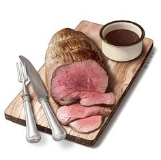 a piece of meat sitting on top of a cutting board next to a knife and fork