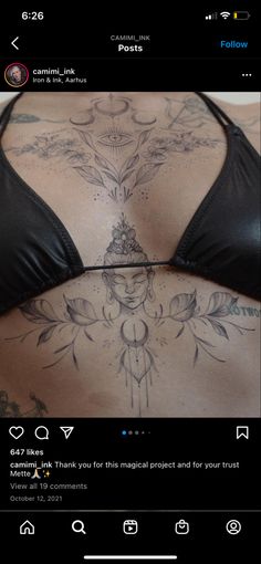 Mystic Tattoo Ideas, Pretty Spiritual Tattoos, Ethereal Tattoos Chest, Decorative Chest Tattoo, Boho Chest Tattoo, Femine Energy Art, Spiritual Chest Tattoo Female, Tattoo Ideas Whimsical, Upper Body Tattoos For Women