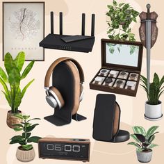 an assortment of plants and electronic devices are arranged on a beige background with white accents