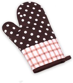 the oven mitt is black and white with polka dots on it, along with a pink gingham checkered lining