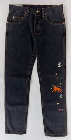 Item Label, Gucci Denim, Gucci Pants, Embroidered Motifs, Embroidered Pants, Star Embroidery, Tapered Pants, Gucci Men, Mens Denim