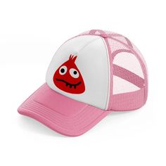 a pink and white trucker hat with a cartoon character on the front, featuring an angry