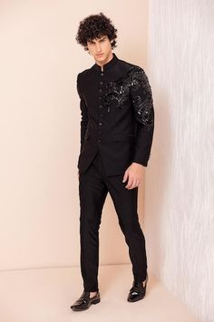 Black full sleeves jodhpuri bandhgala with all over tonal sequin Dragon embroidery on one shoulder. Paired with a pant. - Aza Fashions Knit Embroidery, Dragon Embroidery, Cocktail Reception, Full Sleeves, Mandarin Collar, Aza Fashion, Full Sleeve, Mens Pants, Types Of Sleeves