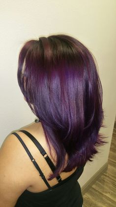 Dark Purple Layered Hair, Dark Purple Hair Without Bleach, Lilac Hair Color Ideas, Medium Brown Hair With Purple, Purple Mid Length Hair, Dark Purple Roots Light Purple Ends, Purple Hair Brown Roots, Purple Hair Without Bleach, Purple Roots Black Hair