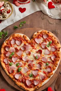 a heart shaped pizza sitting on top of a wooden cutting board