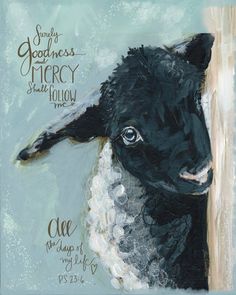 a painting of a black and white sheep on a blue background with words above it