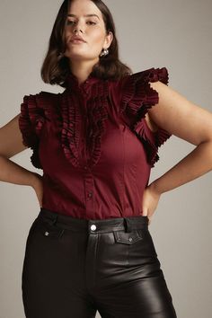 Plus Size Pleat Ruffle Woven Sleeveless Shirt Fitted Tops With Pleated Sleeves And Ruffled Collar, Fitted Blouse With Pleated Ruffle Sleeves, Elegant Red Ruffled Blouse, Red Fitted Blouse With Ruffles, Red Feminine Ruffle Top, Shirt Collection, Sleeveless Shirt, Ruffle Top, Karen Millen