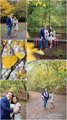 a couple sitting on a bench in the woods with fall foliage and trees around them